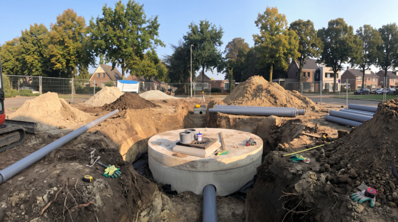 Een ronde betonnen infiltratieput met een putdeksel en aangesloten PVC-buizen ligt in een sleuf op een bouwterrein in een woonwijk.